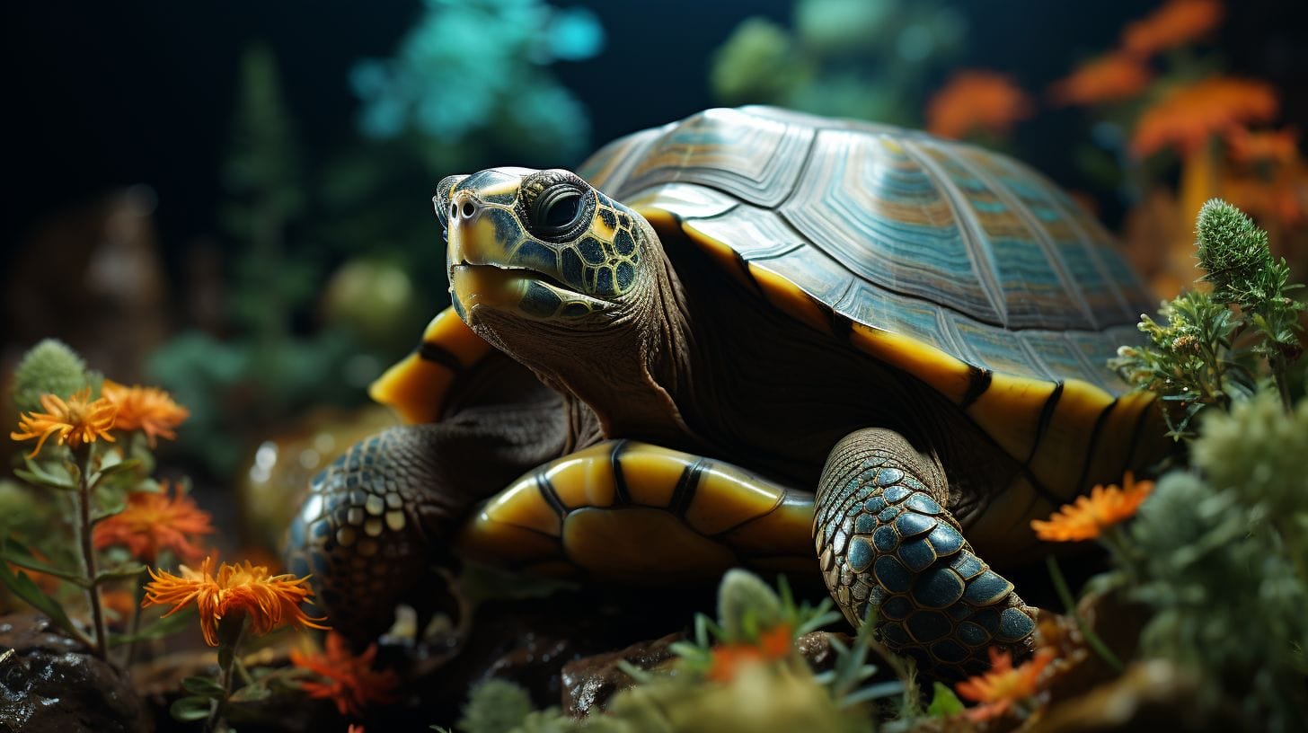Turtle in tank with plants