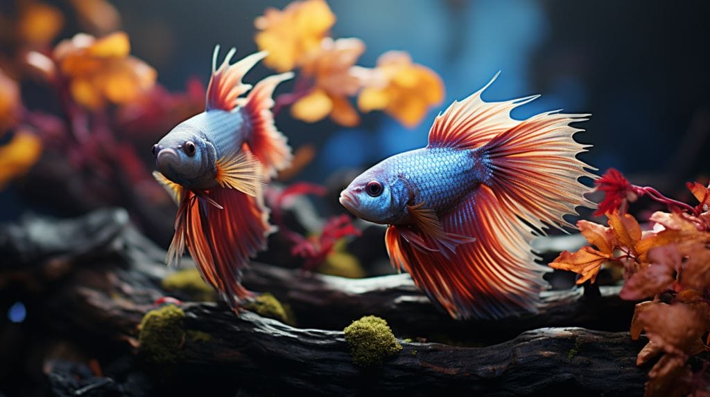 Two Betta fish in a clean aquarium