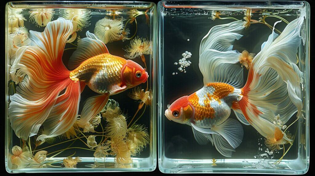 Two aquariums, one with fancy goldfish, the other with comet goldfish, side by side