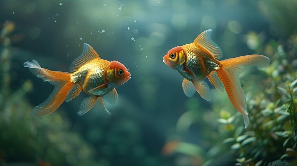 Two goldfish in a clear tank with plants, ideal for breeding.