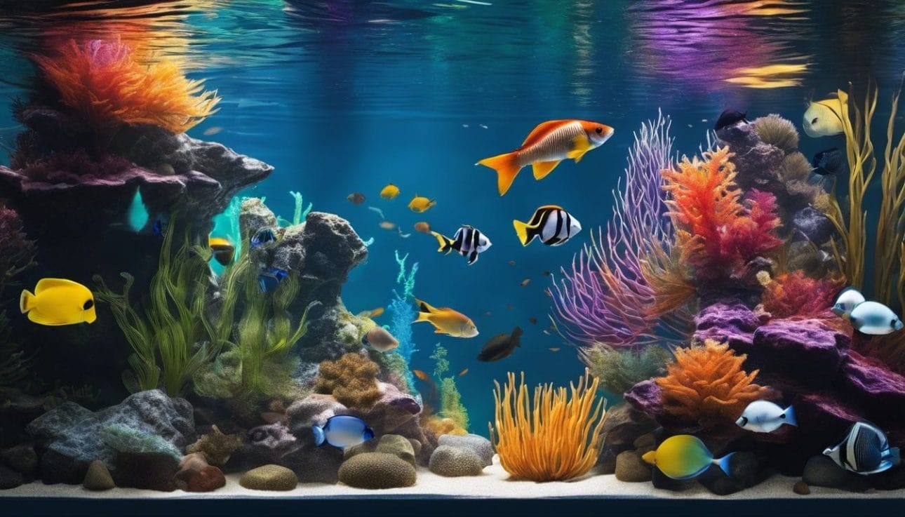 Various filter media arranged in an aquarium for water purification.