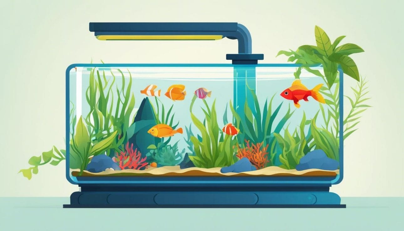 A flat design of aquarium equipment and vibrant underwater plants.
