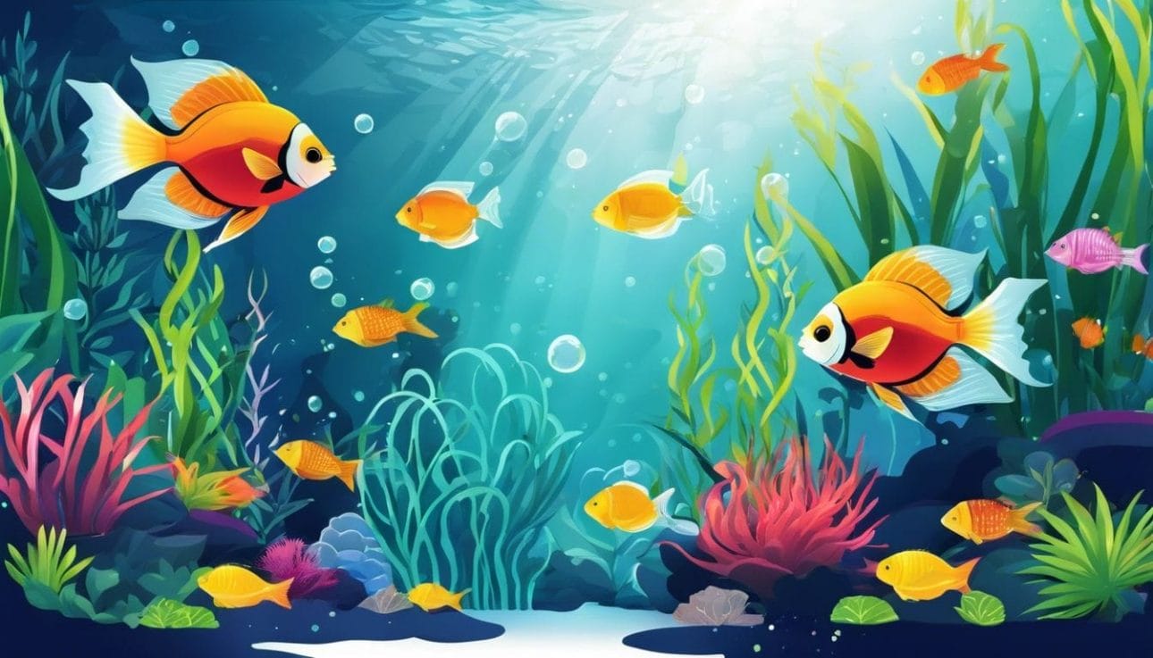A vibrant planted aquarium with colorful fish and aquatic plants.