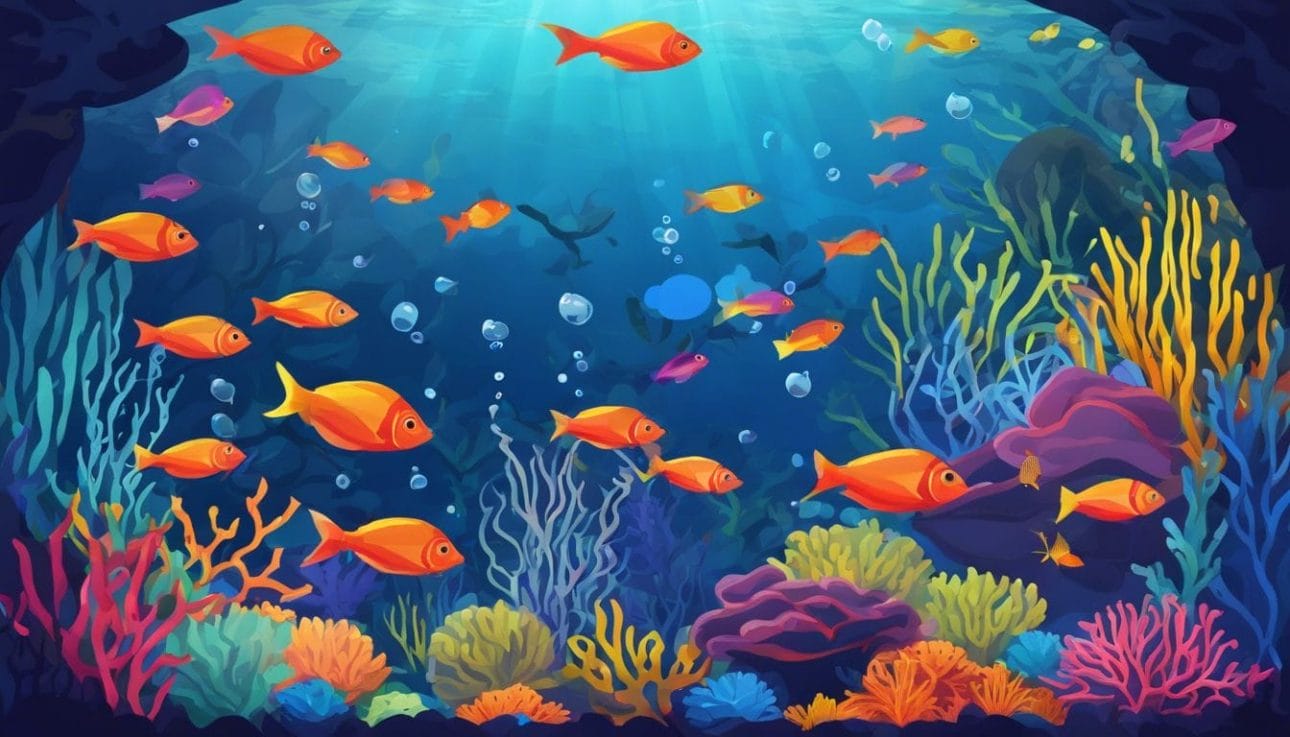 A school of vibrant fish swimming among colorful coral in an aquarium.