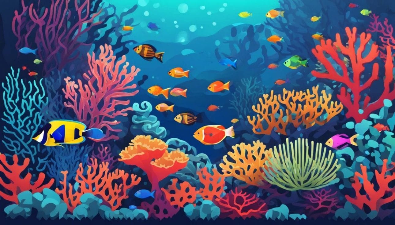 A vibrant coral reef with colorful fish and intricate formations.