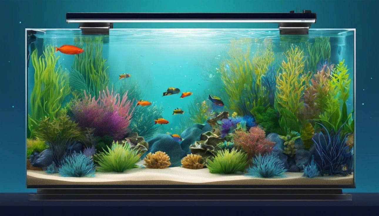 A solar power fish tank filter among vibrant underwater plants.