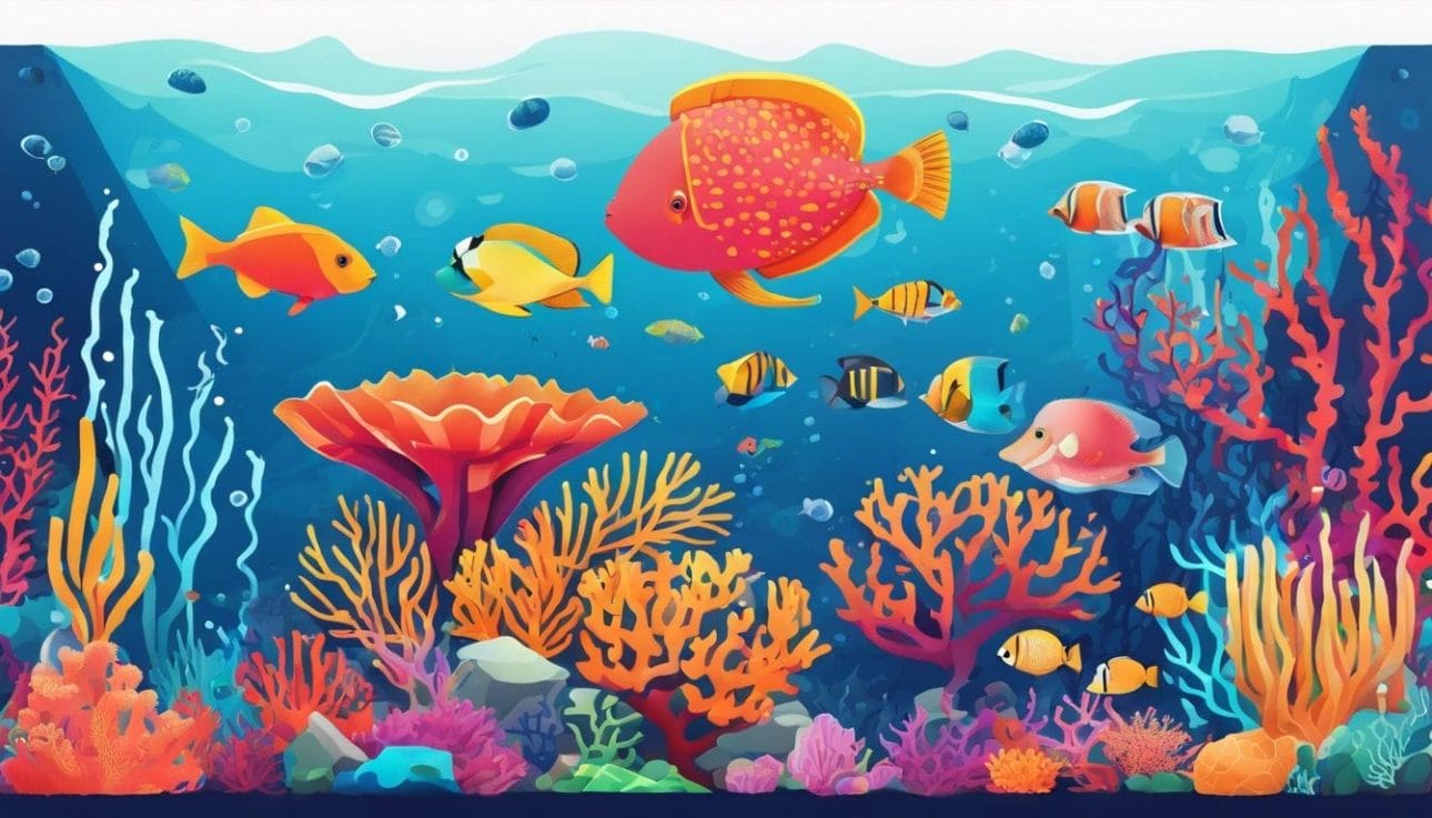 An underwater coral reef with marine life and filtration equipment.