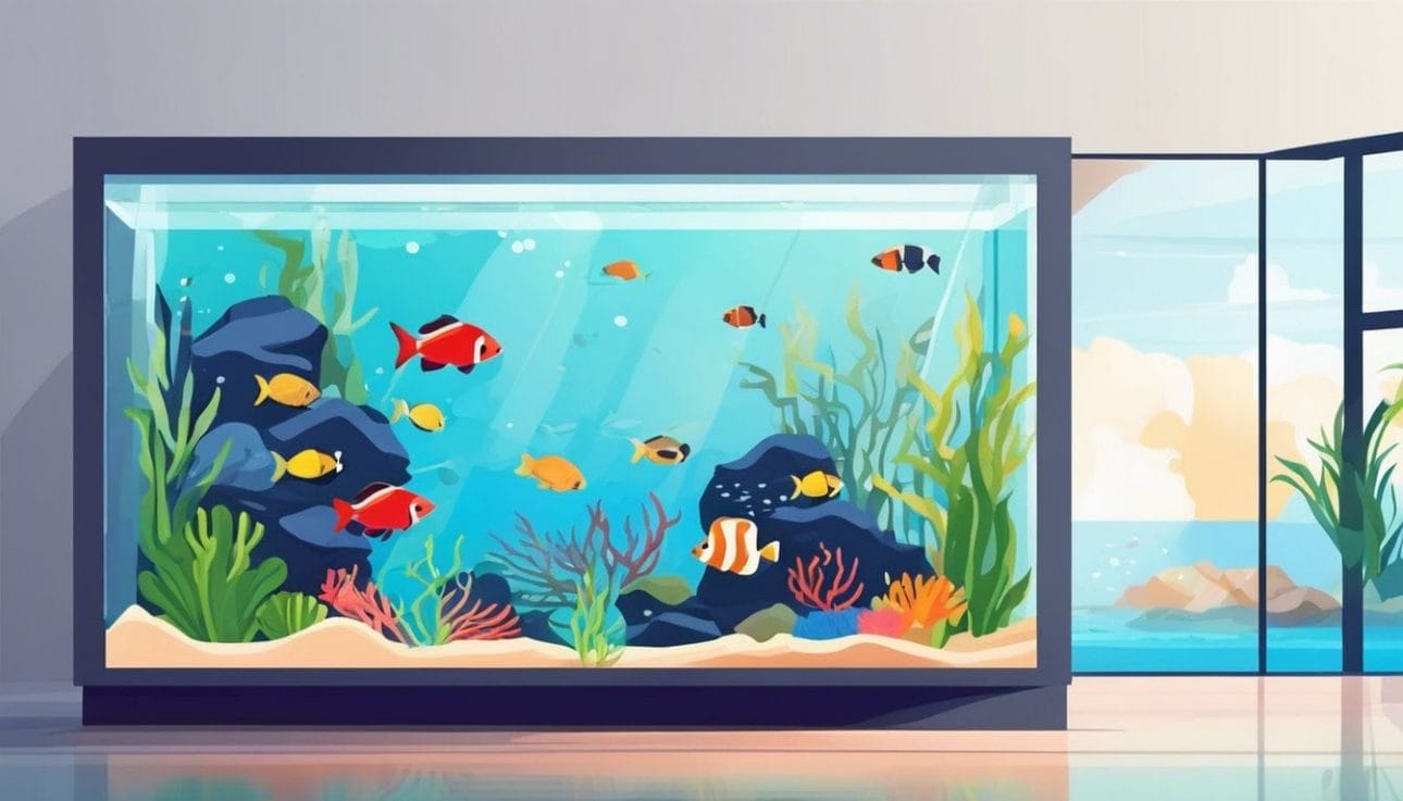A tranquil aquarium with tropical fish and colorful coral reefs.