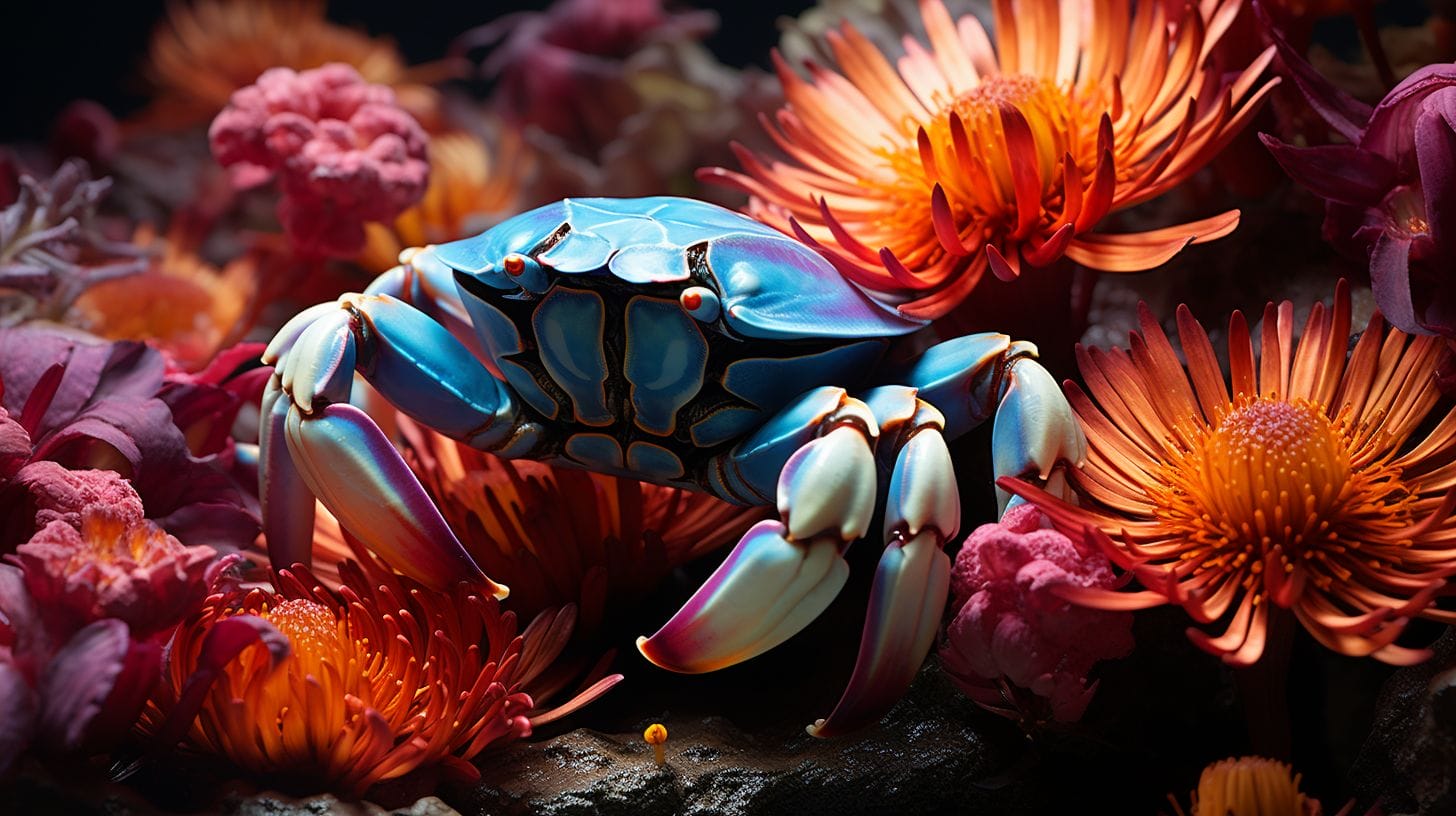 Underwater aquarium scene with aquatic crabs