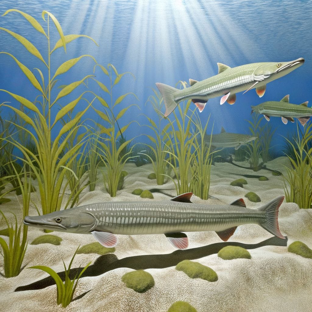 Underwater scene, Alligator Gar, various Gar species, river ecosystem.