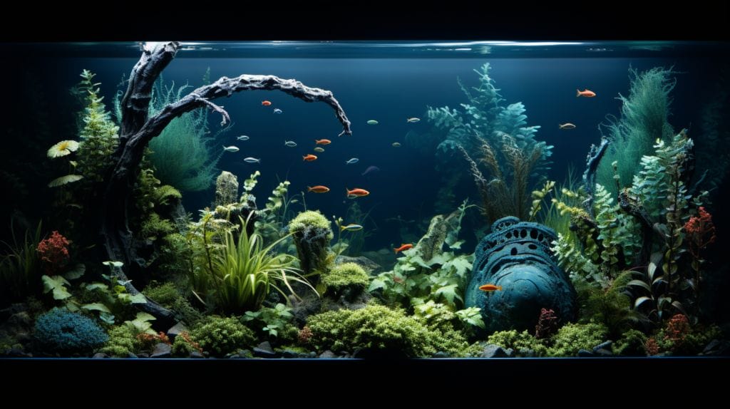 Underwater scene in an aquarium with low-light plants and gentle lighting.