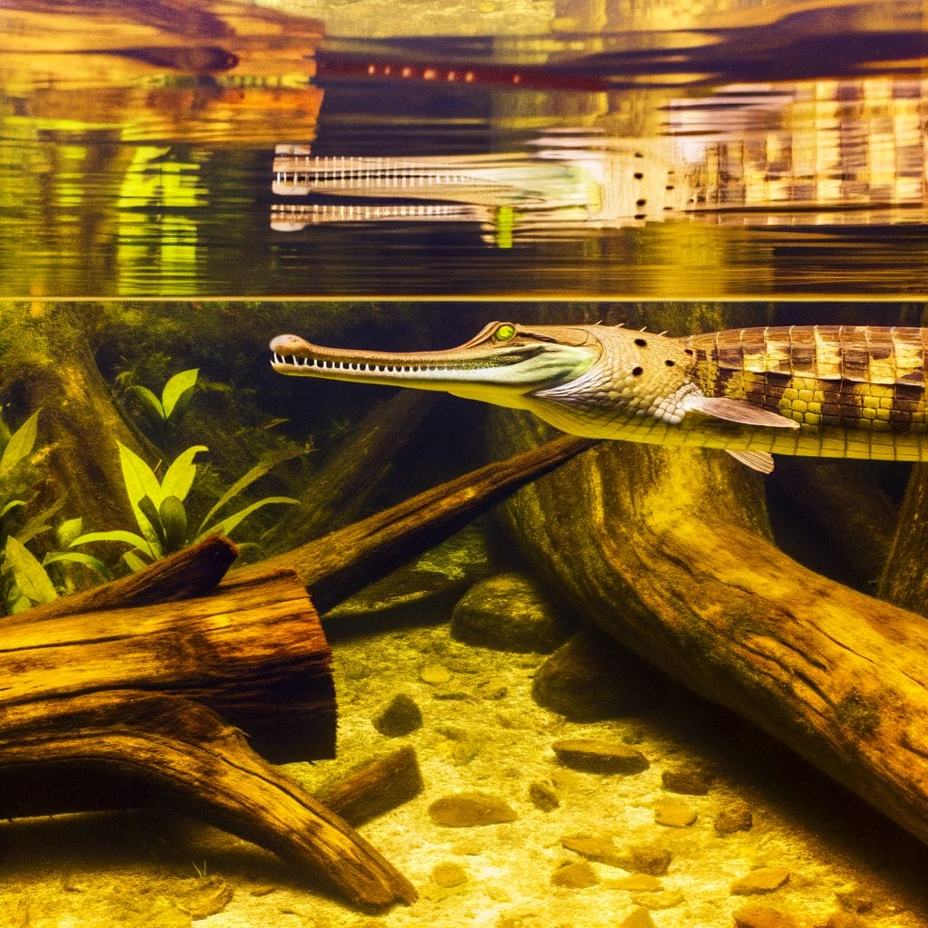Underwater split-view, Alligator Gar with logs, Gar with vegetation