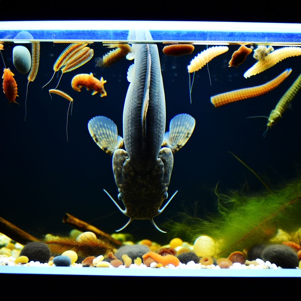 Upside Down Catfish in a clear aquarium