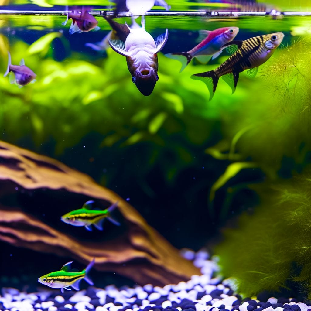Upside-down catfish with neon tetras and Corydoras in aquarium