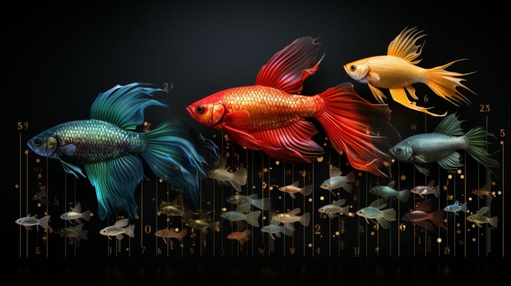 Various sizes of Betta fish, measuring tape background, question mark overlay.