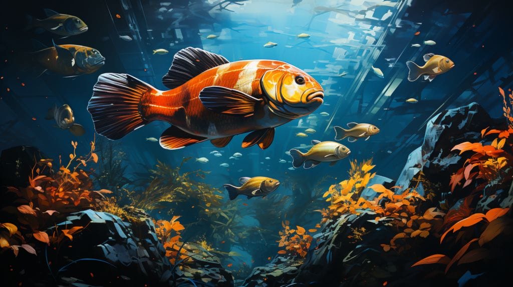 Various types of Oscar Fish showcased in a vibrant underwater scene within their natural Amazon River habitat.