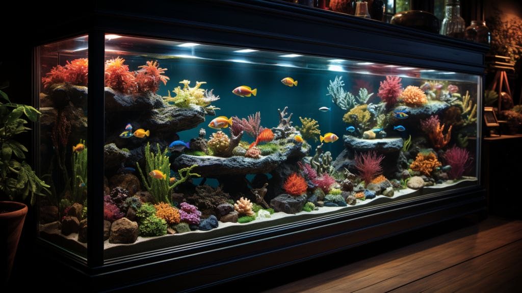 Vibrant 20-gallon aquarium with fish food and water conditioner