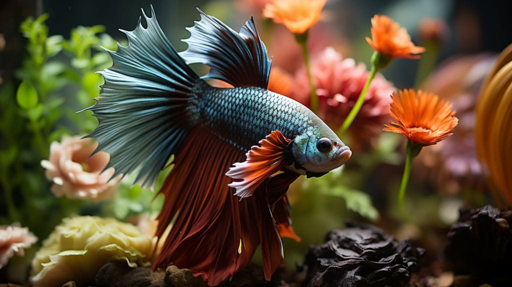 Vibrant Betta fish, well-maintained aquarium, growth and nutrition symbols.