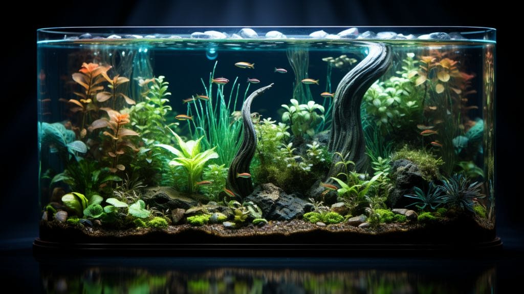Pathos Plant in Fish Tank featuring Vibrant Pothos plant in fish tank with tropical fish.