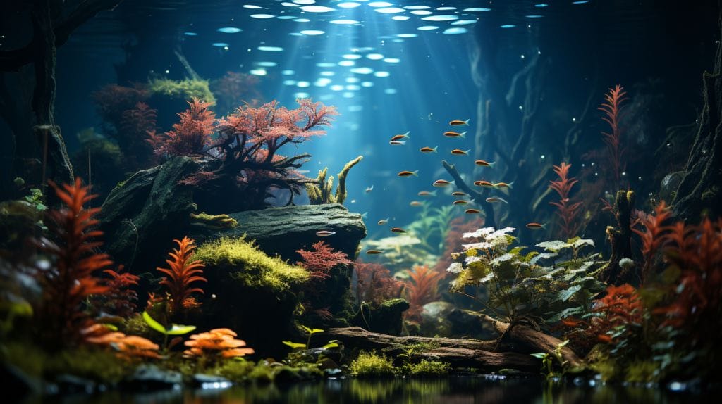 Vibrant aquarium with Java Ferns, Anubias Nana, Cryptocoryne, and soft light.