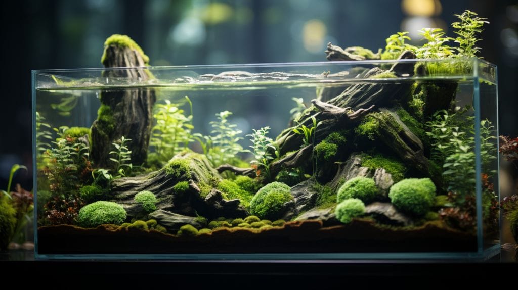 Vibrant fish tank with an array of floating plants
