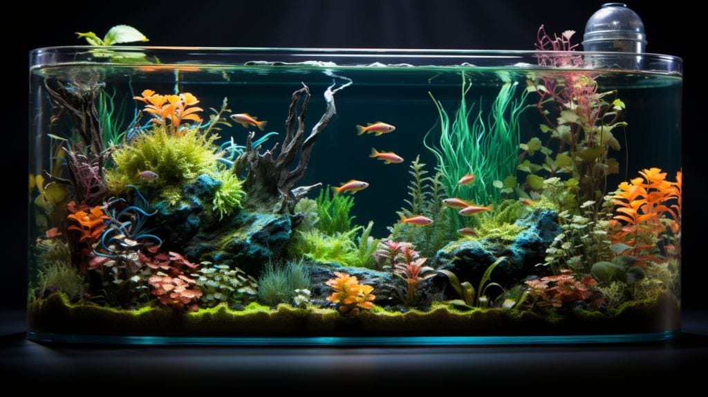 Vibrant fish tank with floating plants and hands caring for them