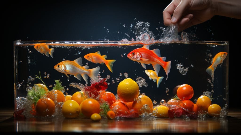 Vibrant fish tank with lemon slice dropping and pH scale.