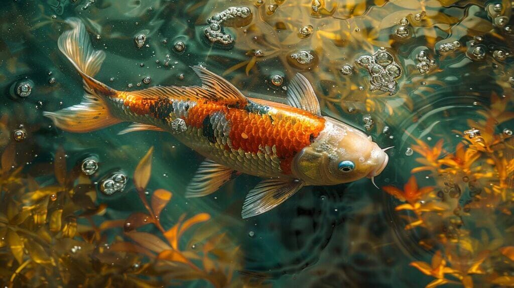 Vibrant koi fish in crystal-clear pond with lush green aquatic plants.