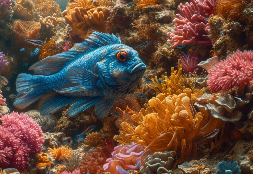 Vibrant underwater, fish, bulbous forehead, colorful marine life