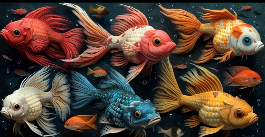 Vibrant underwater scene, fish with large foreheads, adaptations.