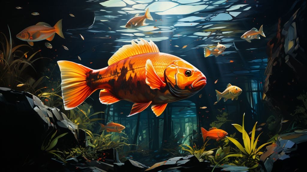 Vibrant underwater scene focusing on Oscar fish interacting with their environment, showcasing their unique territorial behaviors.