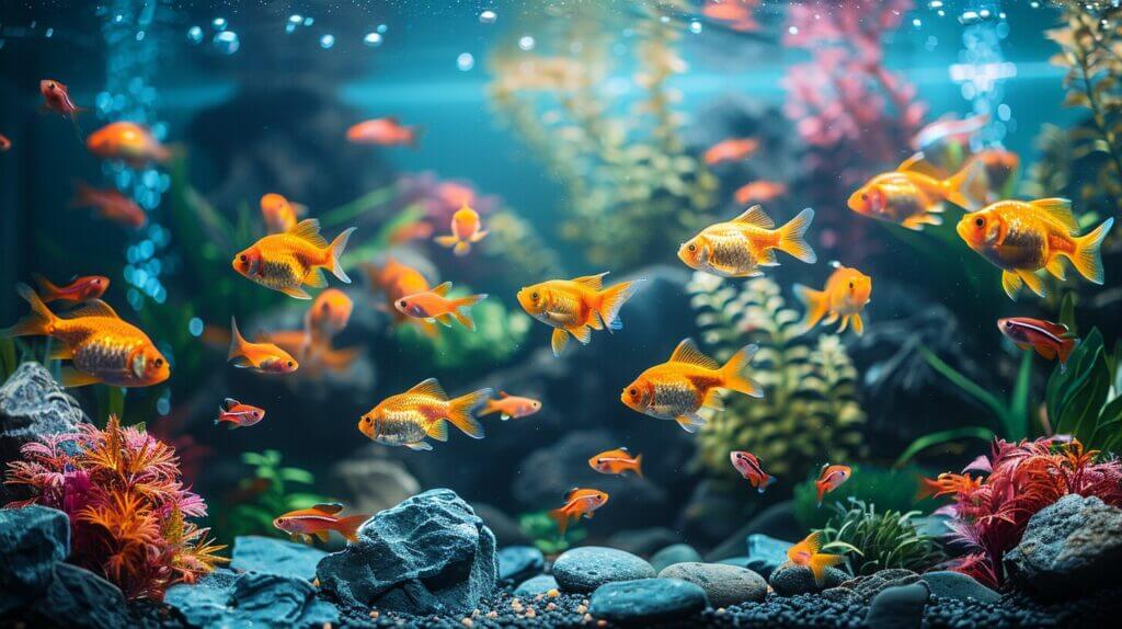 Well-maintained aquarium with colorful fish, plants, and rocks.