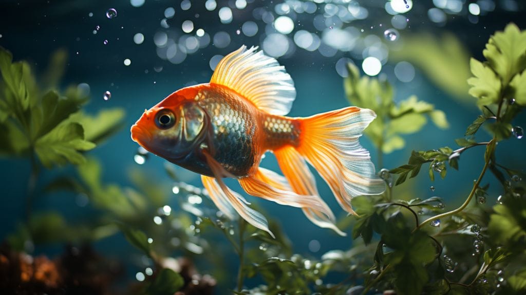 a goldfish swimming contently in clear water 