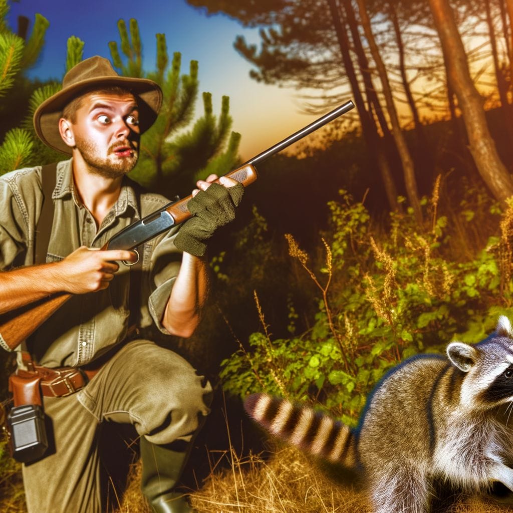 a hunter and a raccoon trying to escape