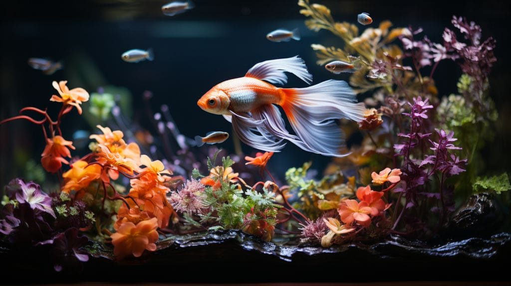 a serene aquarium scene with a vibrant goldfish