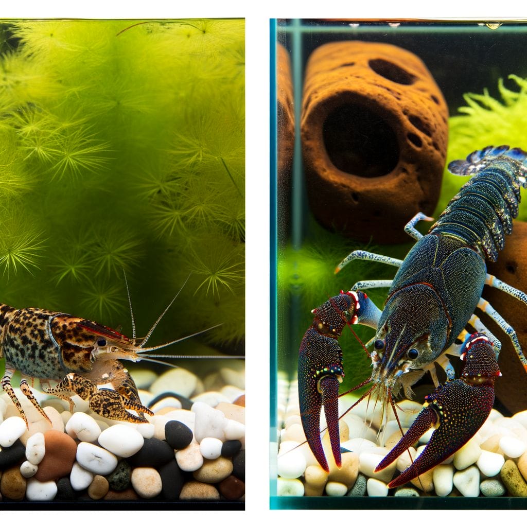 an aquarium with dwarf crayfish and another aquarium with an Australian crayfish