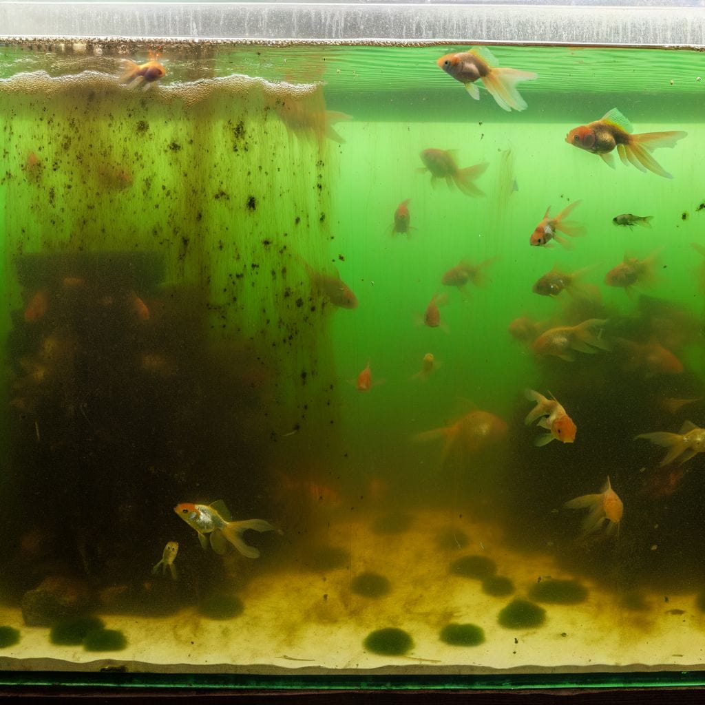 dirty aquarium full of goldfish