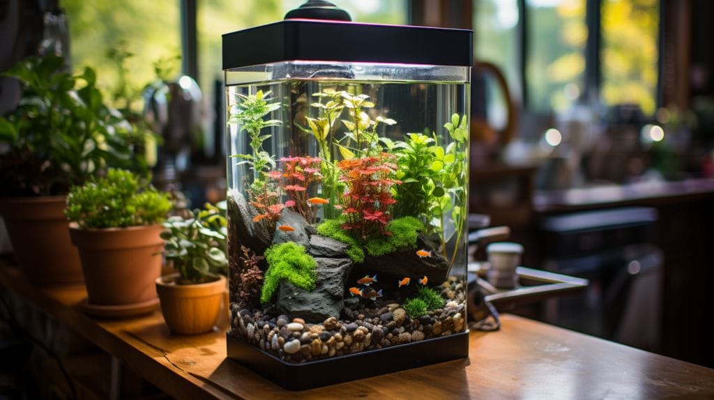 a clear 3-gallon aquarium with a variety of miniature fish