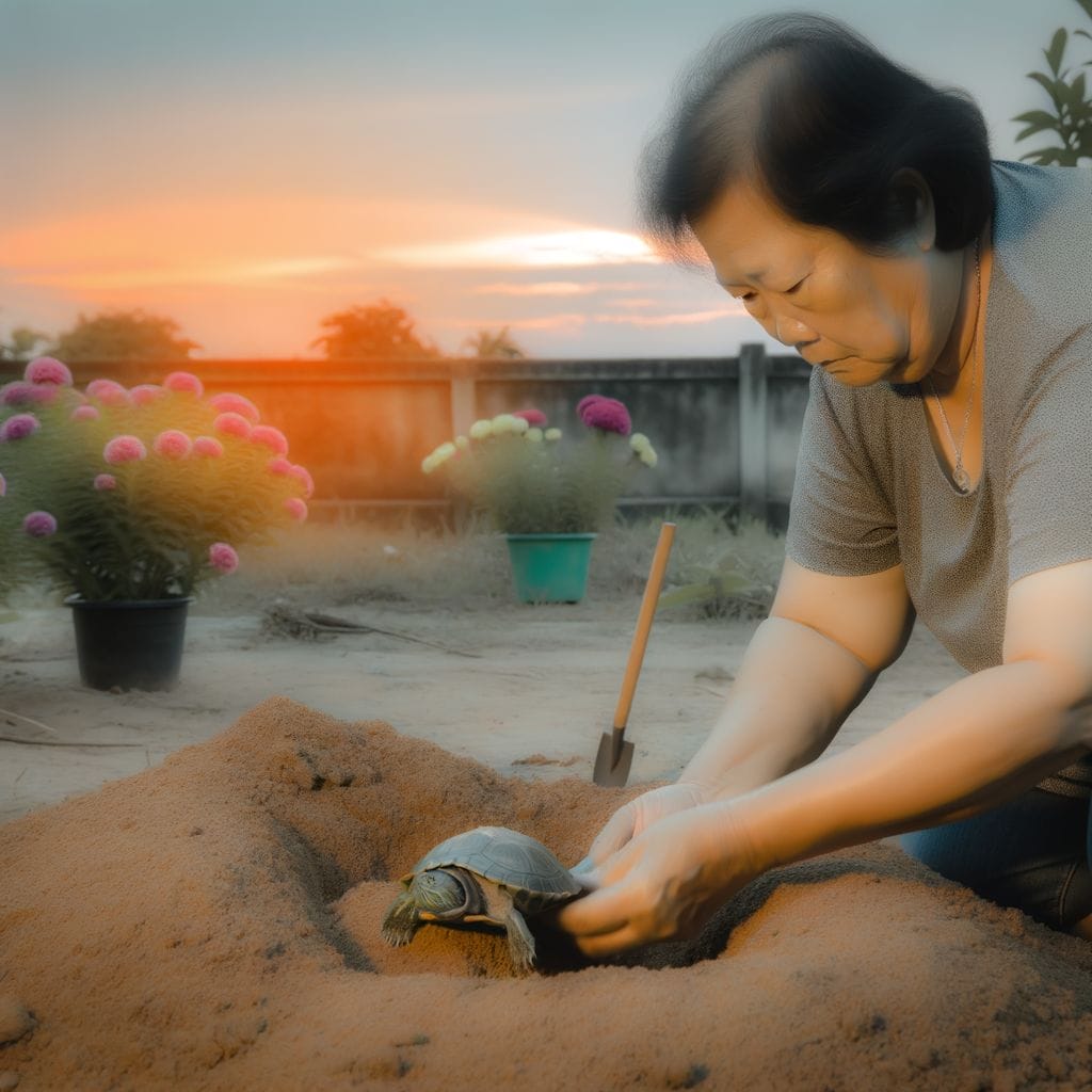 solemn ownder burying a dead turtle