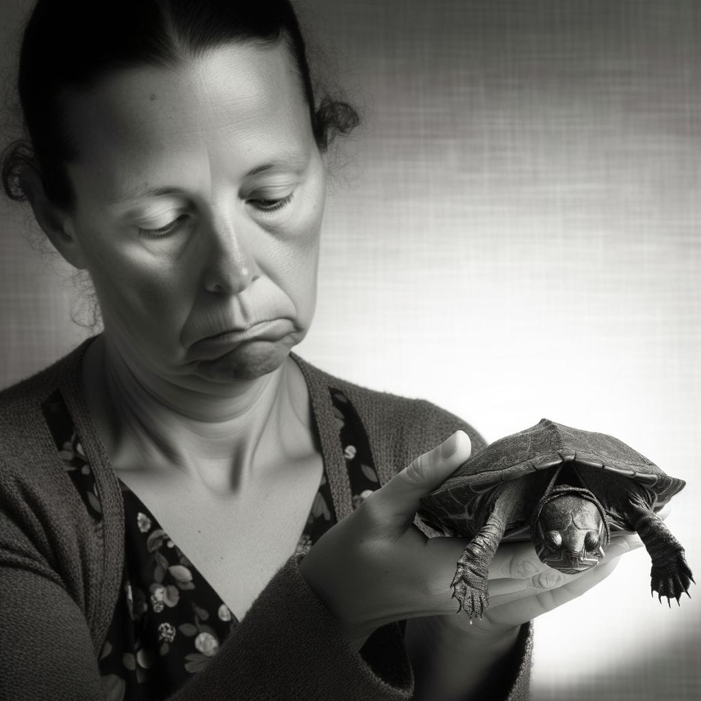 solemn owner with dead turtle