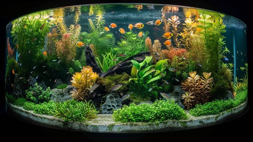 55 gallon tank aquascaped with green plants, driftwood, rocks, and colorful fish