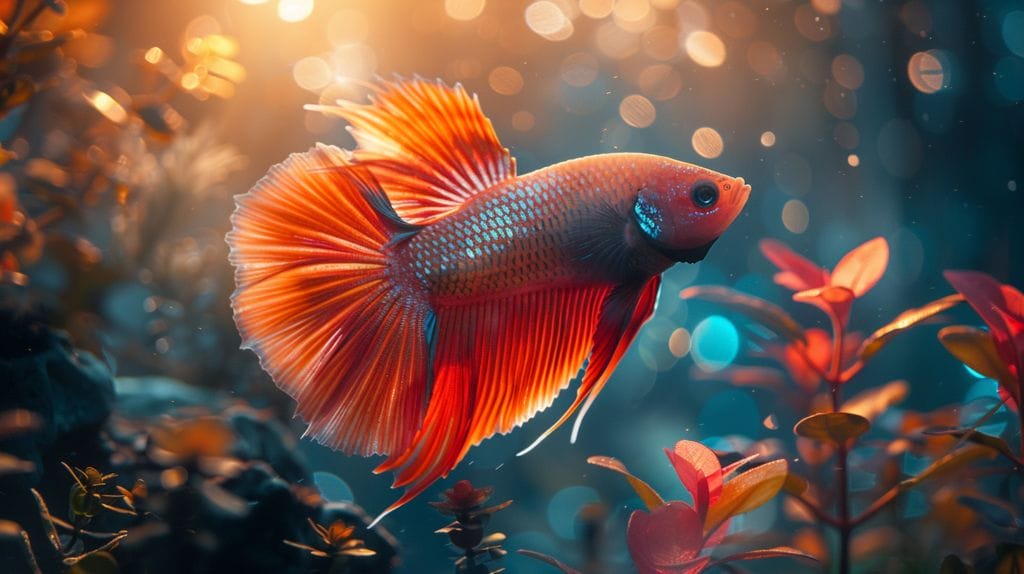An image of a betta fish resting peacefully at the bottom of a tank, surrounded by plants and decorations.