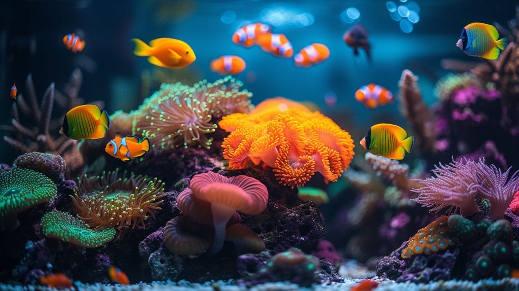Aquarium divided between slender SPS corals and bulkier, colorful LPS corals.
