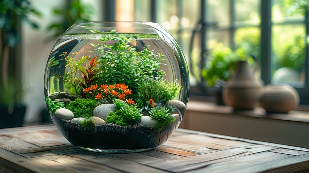 Bright terrarium from fish tank with plants and figurines.