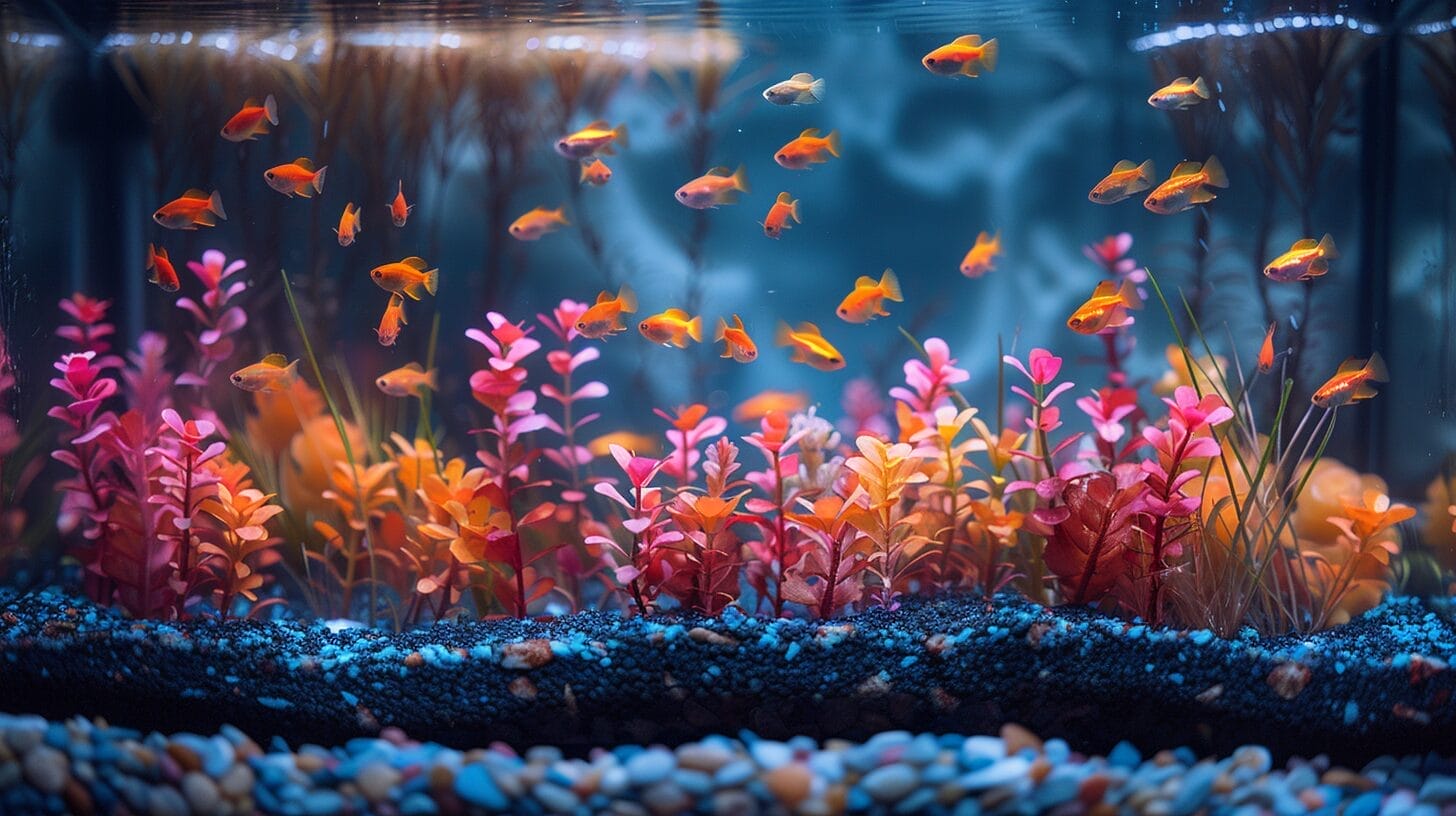 Budget-friendly small aquarium with vibrant play sand, colorful plastic plants, and toy fish