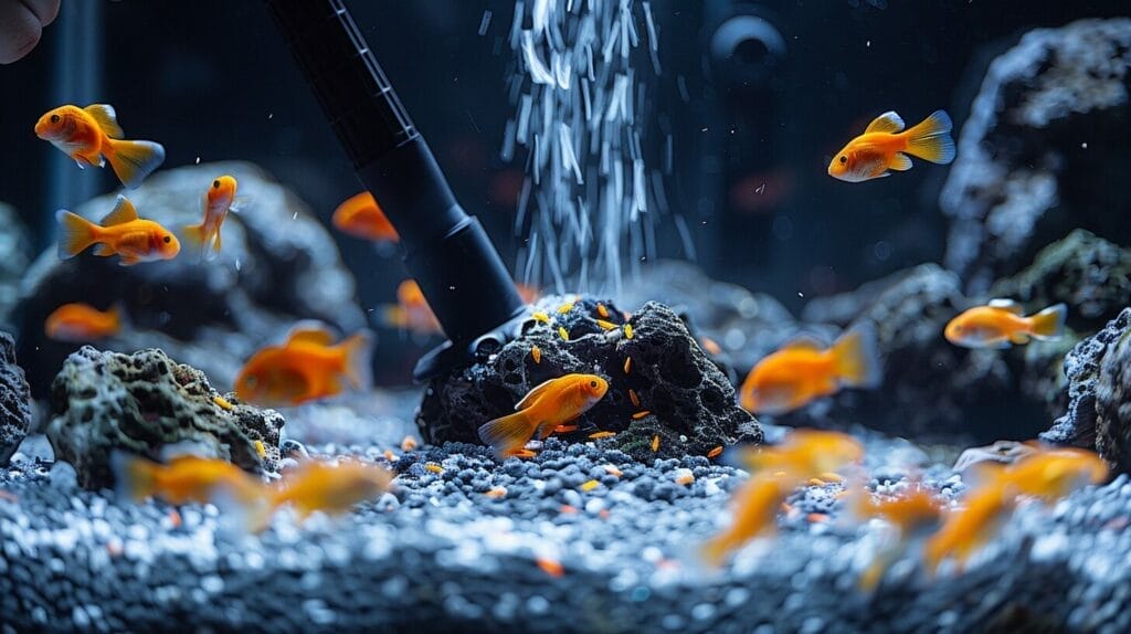 Cleaning saltwater fish tank substrate with gravel vacuum