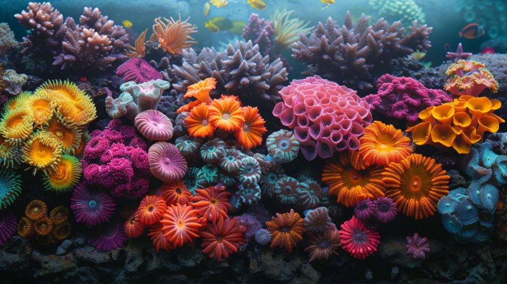 Diverse SPS corals in a vibrant, well-lit aquarium setup