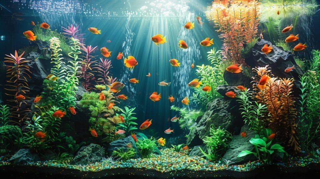 Freshwater fish tank with vibrant plants, smooth rocks, and colorful fish.