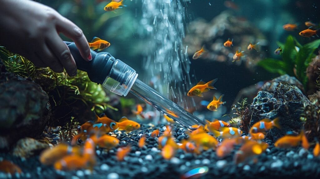 How to Vacuum Fish Tank featuring a Hand with aquarium vacuum and colorful fish in clean tank.
