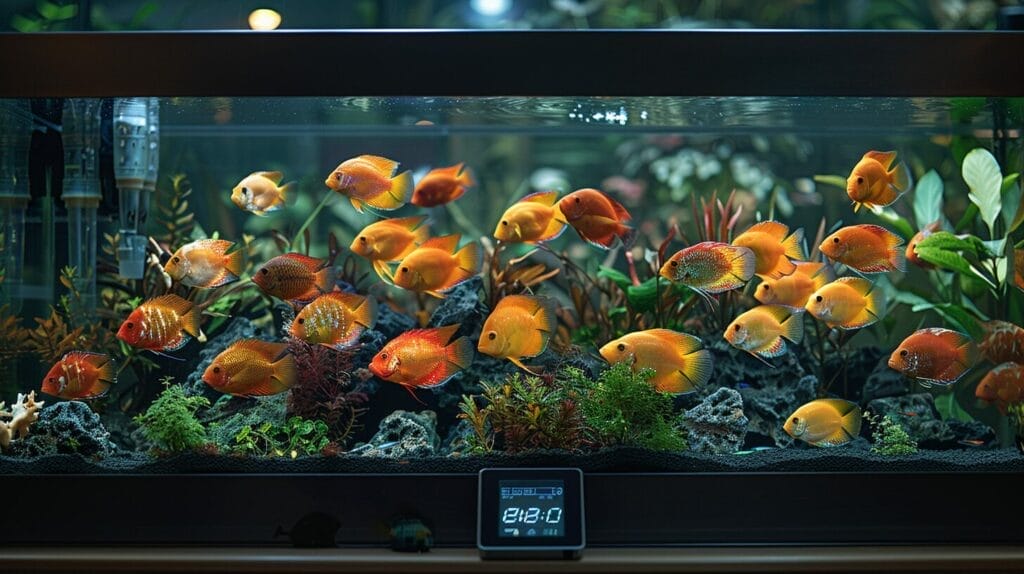 Modern aquarium with vibrant cichlids and thermometer showing ideal temperature.